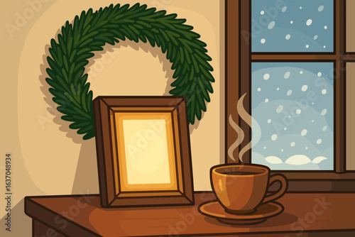 Cozy winter setting with a warm cup of coffee beside a picture frame on a snowy day indoors