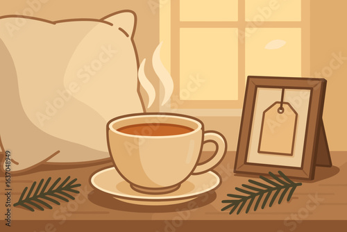 Warm cup of tea with a pillow by the window, creating a cozy atmosphere for relaxation and contemplation during the afternoon