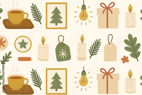 Decorative pattern featuring cozy elements such as cups, candles, gifts, and nature motifs suitable for seasonal celebrations