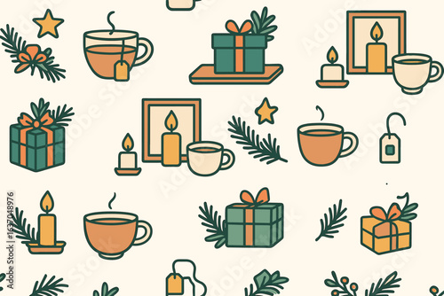 Festive pattern featuring gifts, candles, and warm drinks ideal for holiday decorations and cozy gatherings