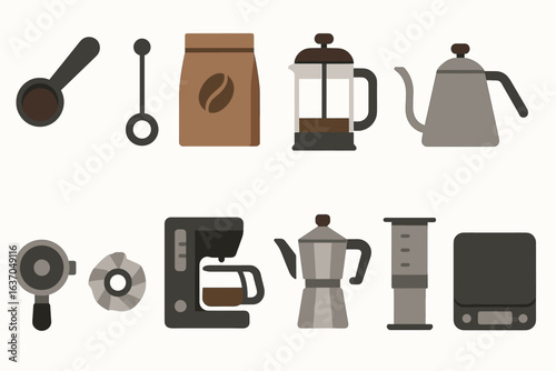 Coffee brewing flat icon set. espresso, french press, aeropress tools flat collection