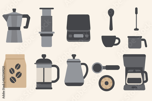 Coffee equipment flat icon set. brewing tools, espresso, cup, mug, cafe icons flat design