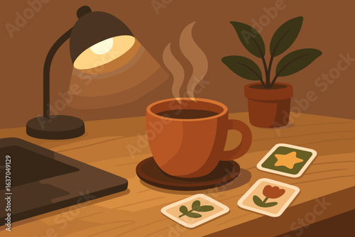 Cozy workspace with steaming coffee, plants, and cards on a wooden table at night