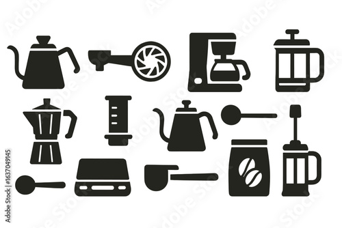Coffee brewing equipment silhouette icon set. modern, stylish kitchen tools