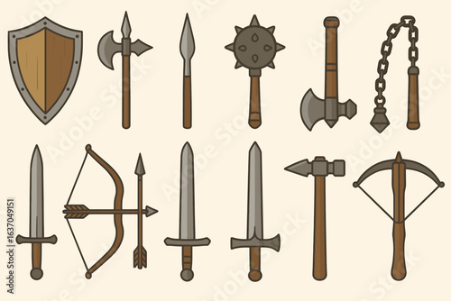 Medieval weapons icon set. historic arms, battle tools illustrated in flat style