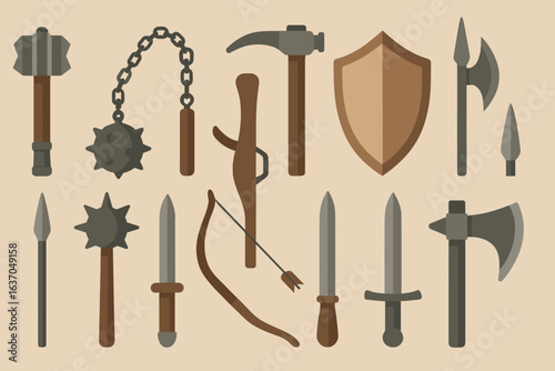 Medieval weapons icon set. sword, axe, shield flat collection for historical themes
