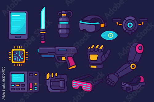 Futuristic technology flat icon set. gadgets, ai cybernetics, robotics flat collection