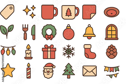 Holiday-themed illustrations featuring various festive symbols and decorations in vibrant colors