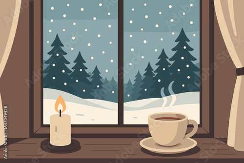 Warm beverage by the window during a snowy winter day, with a candle flickering softly