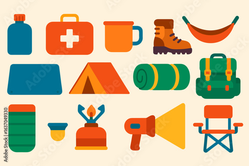 Camping, outdoor adventure flat icon set. essential, hiking, gear icons collection