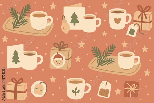 Warm holiday drinks and festive decorations create a cozy atmosphere in a seasonal theme