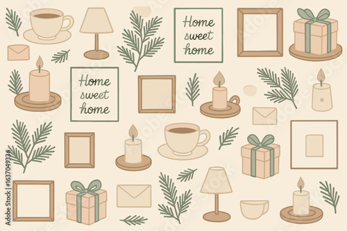 Decorative elements featuring cozy home themes with candles, gifts, and greenery in a light pastel setting