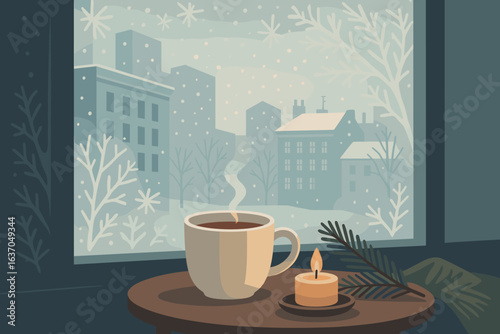Winter morning with steaming coffee and candle on a table inside a cozy room overlooking a snowy cityscape