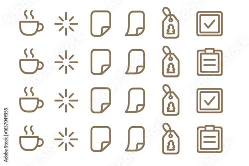Creative elements illustrating coffee enjoyment, checklist, and notes with a minimalist design in earthy tones