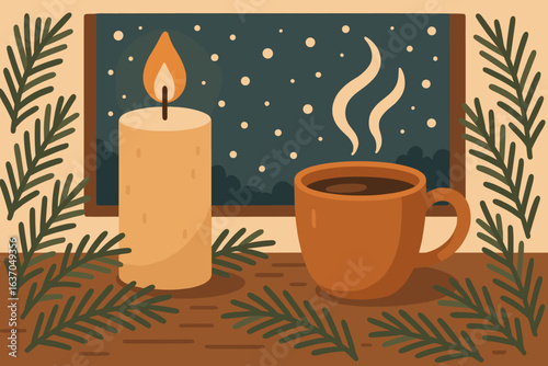 Cozy winter evening with steaming coffee, a candle, and snowflakes falling outside a window
