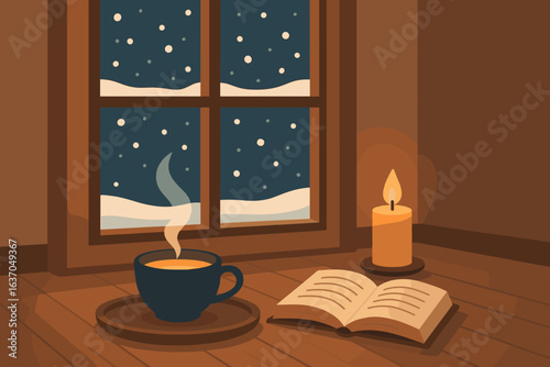 Cozy winter evening with a steaming cup of coffee, a book, and a candle by the snowy window