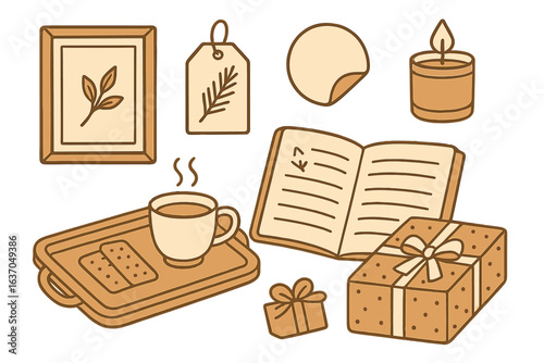 Cozy home setup with herbal tea, open journal, decorative items, and gifts arranged on a wooden tray