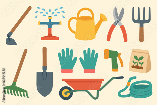 Gardening tools flat icon set. essential equipment icons for horticulture designs