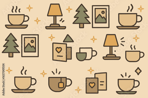 Cozy coffee shop elements with cups, lamps, trees, and picture frames inspiring warmth and relaxation