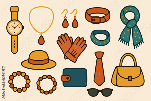 Accessories filled icon set. fashion, style icons in vibrant filled design collection
