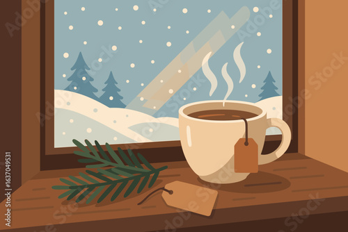 Cozy winter day with a steaming cup of tea on a windowsill overlooking a snowy landscape