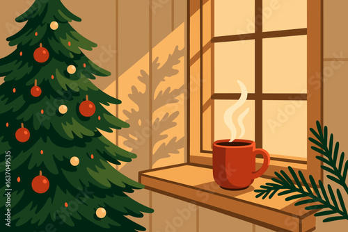 Warm holiday atmosphere with a Christmas tree and steaming mug by the window in cozy setting