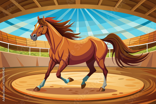 vector of A brown horse with a beautiful tail running in a large round stable with a sand floor...