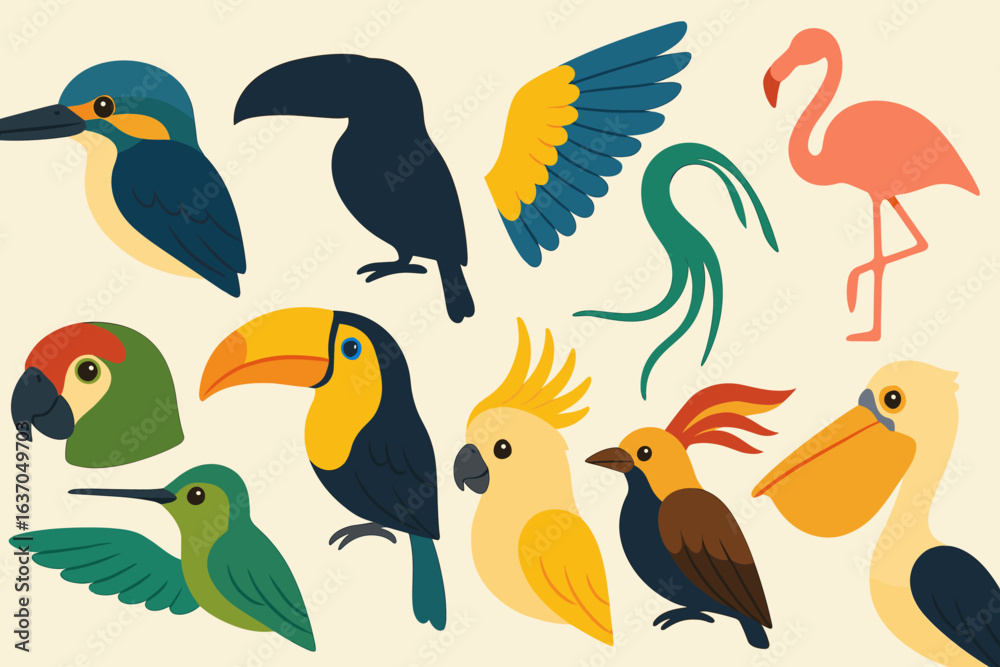Obraz premium Tropical birds flat icon set. parrot, flamingo, toucan, hummingbird icons collection