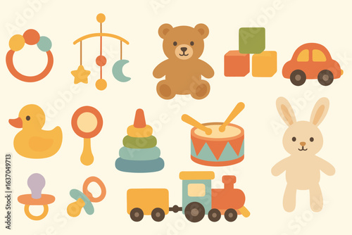 Baby toys flat icon set. infant, plaything, nursery, toddler playful icons collection
