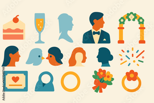 Wedding, romance flat icon set. love and celebration flat collection for events