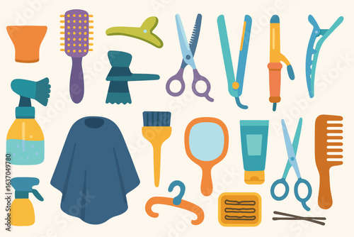 Hair salon flat icon set. beauty, grooming, and styling essentials collection