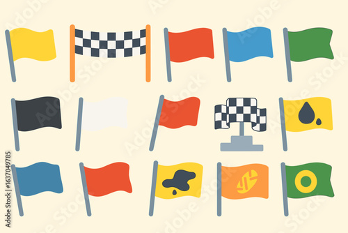 Sports and racing flat icon set. flags, symbols, competition flat icons collection