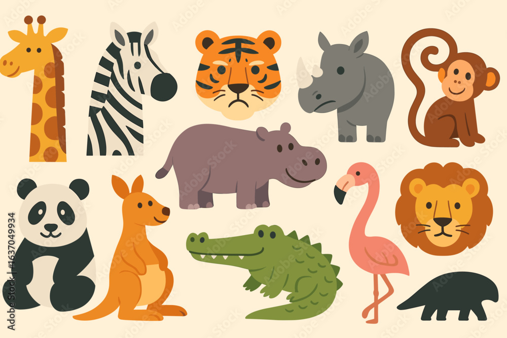 Naklejka premium Animal flat icon set. jungle, safari creatures in a playful flat collection