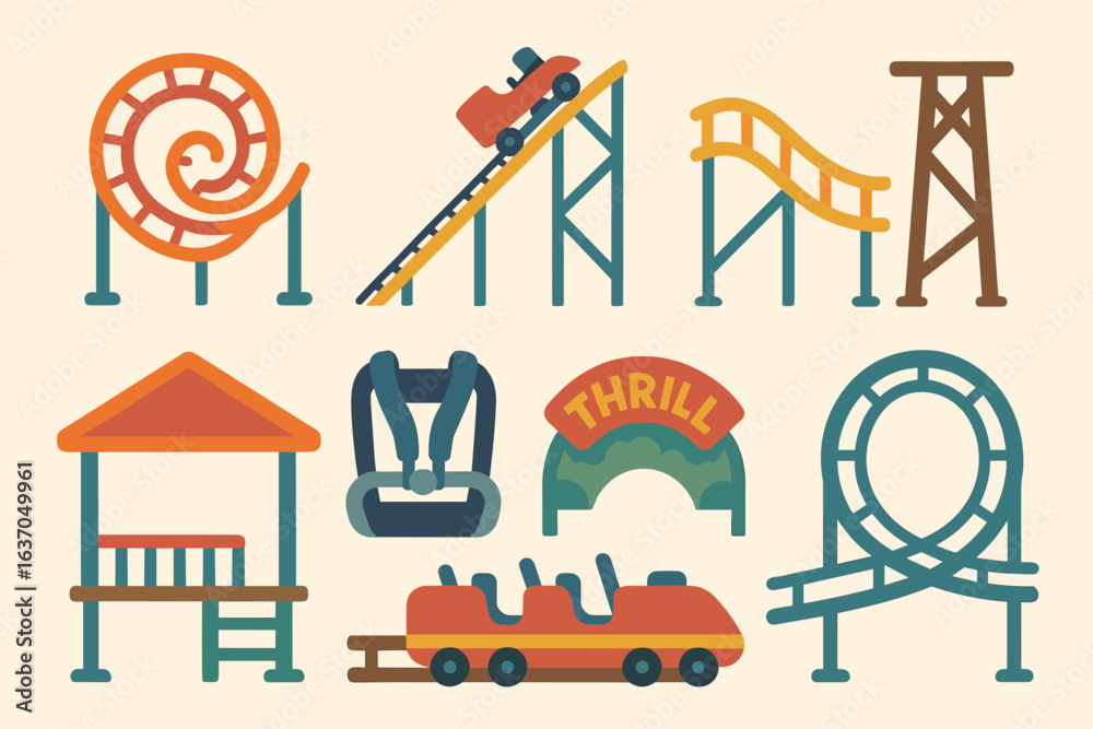 Obraz premium Amusement park, roller coaster icon set. fun, adventure flat icon collection