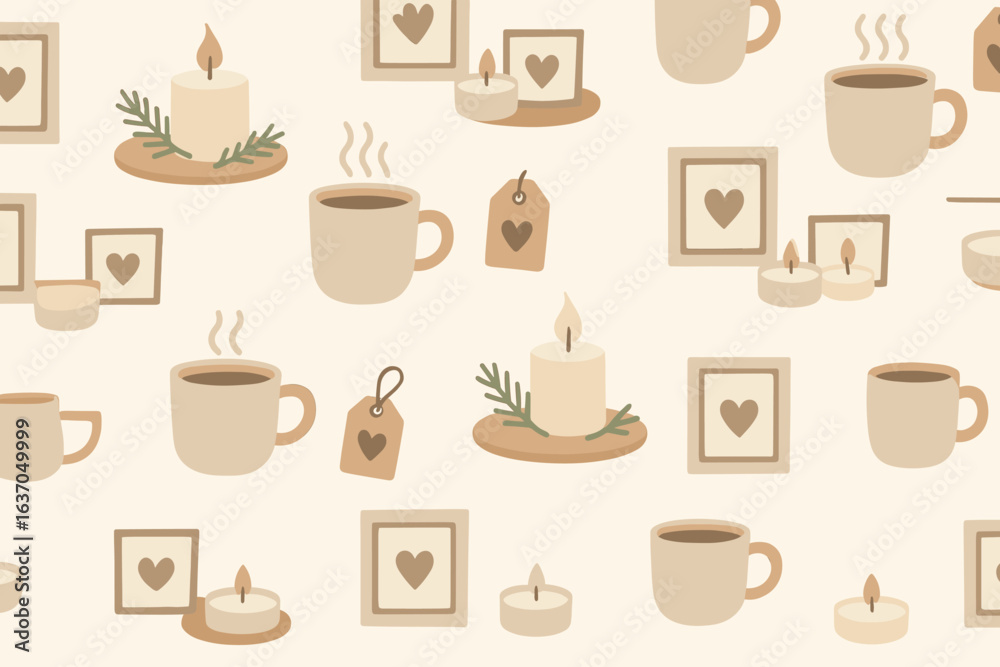 Cozy and warm arrangement of candles, coffee cups, and decorative frames in soft neutral tones Cozy and warm arrangement of candles, coffee cups, and decorative frames in soft neutral tones
