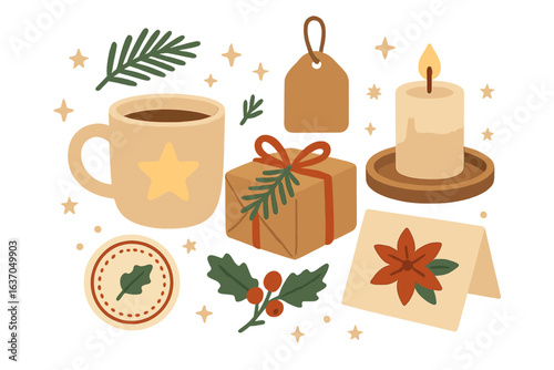 Winter holiday decorations featuring warm drinks, gifts, and festive elements on a light background