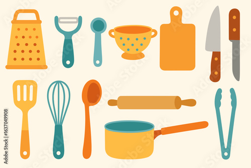 Kitchen utensils flat icon set. cookware, tools, culinary, kitchenware icons flat style