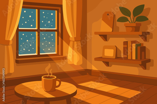 Cozy indoor setting with warm light and a scenic view of falling snowflakes in the evening