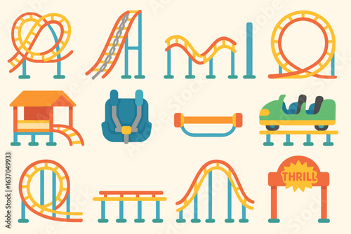 Amusement park flat icon set. roller coaster, thrill rides, carnival flat vectors