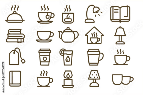 Collection of line art icons representing cozy coffee moments and home comforts during the evening