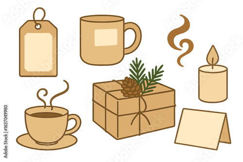 Cozy winter elements including warm beverages, gifts, and candles create a comforting atmosphere for the holiday season