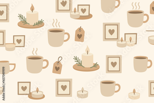 Cozy and warm arrangement of candles, coffee cups, and decorative frames in soft neutral tones