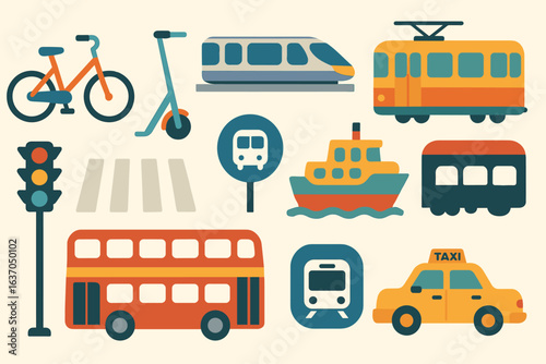 Transportation methods flat icon set: bus, train, bike, taxi, ship symbols collection