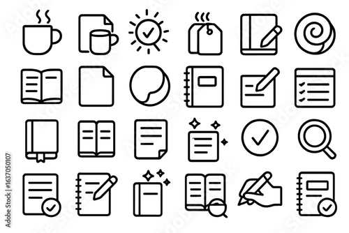 Minimal black outline productivity icon set featuring notebooks, documents, checklists, steaming mug, tea bag, writing pen and magnifying glass on dark background – vector line style
