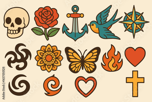 Tattoo art, style icon set. vintage, filled icon collection with traditional flair