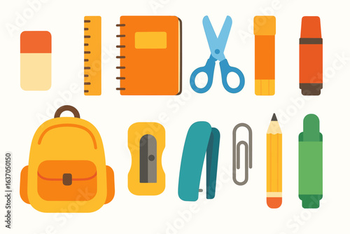 Office supplies solid icon set. desk, workstation, tools, equipment icons collection