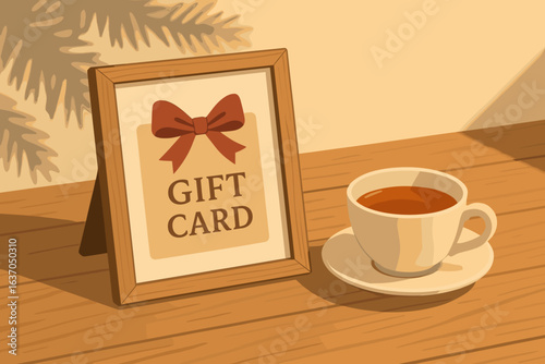 Decorative gift card displayed next to a steaming cup of coffee on a wooden table in warm, inviting light