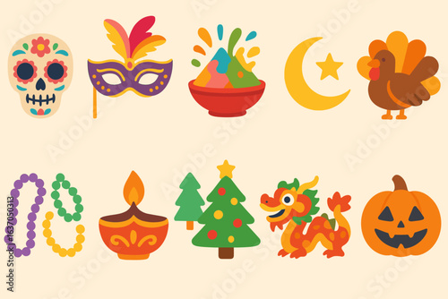 Festive, holiday flat icon set. celebrations, seasonal symbols for events