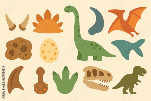 Dinosaur, fossil flat icon set. prehistoric, jurassic collection for education