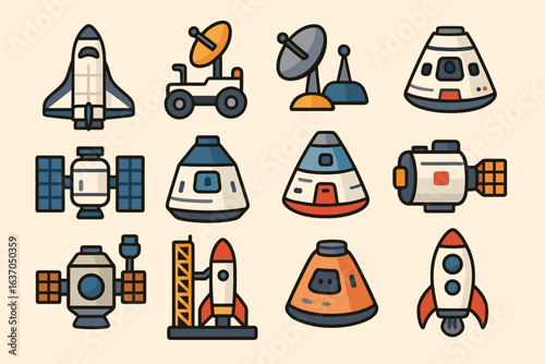 Space exploration icon set. rocket, satellite, astronomy icons in flat style